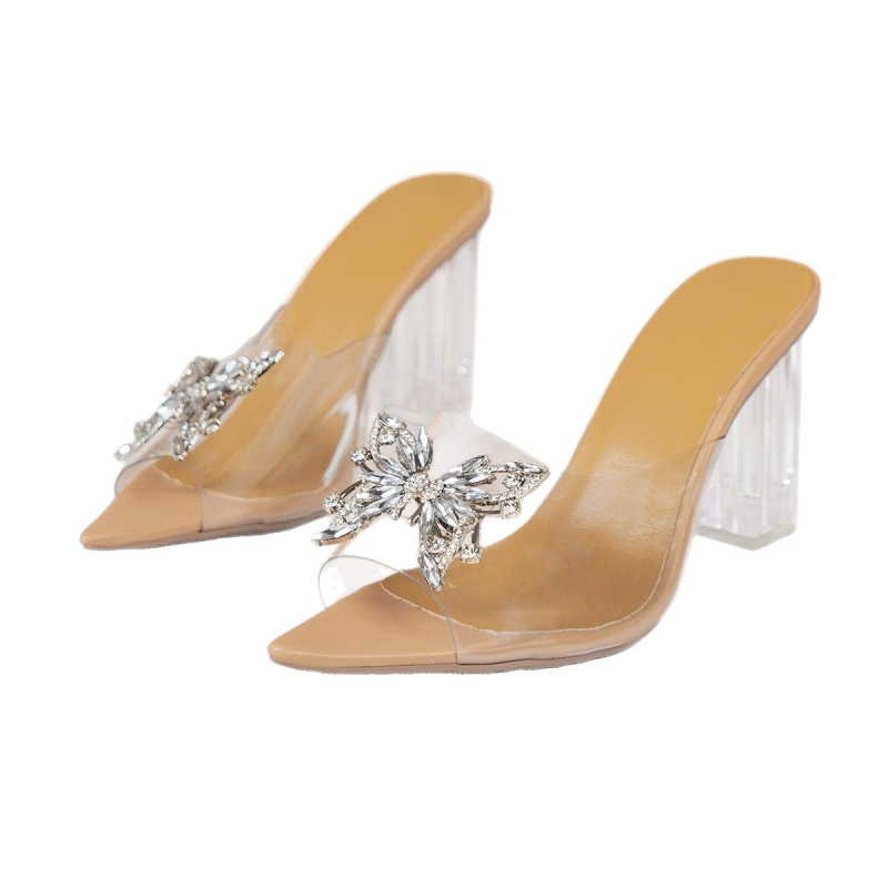 Aukštakulniai madingi sandalai moterims 2025 m. vasaros viršutiniai drabužiai Nauji fėjų krištolo deimantais inkrustuoti permatomi sandalai moterims