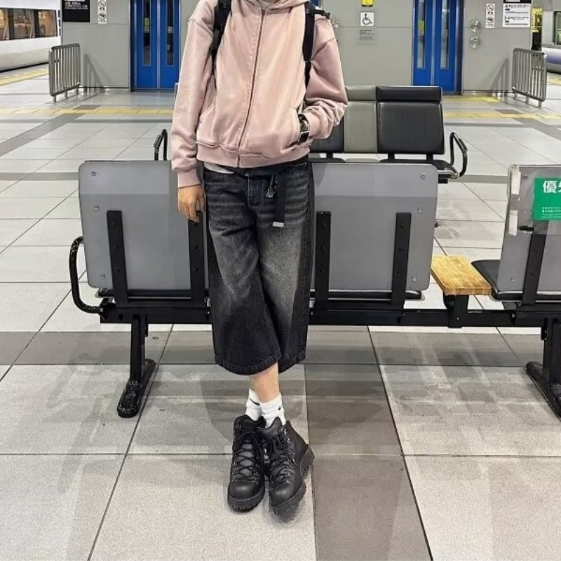 Amerikai stílusú vintage mosott kék capri nadrág férfi nyári körte alakú alak középmagas nadrág Ma Ji középmagas derekú farmernadrág lezser divatos