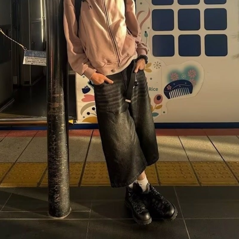 Americký štýl vintage prané modré capri nohavice pánske letné hruškovité nohavice do stredu nohavíc Ma Ji džínsy so stredným pásom, ležérne a trendy