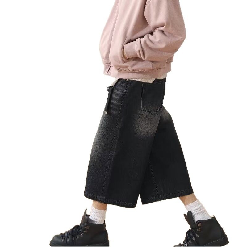 Amerikai stílusú vintage mosott kék capri nadrág férfi nyári körte alakú alak középmagas nadrág Ma Ji középmagas derekú farmernadrág lezser divatos