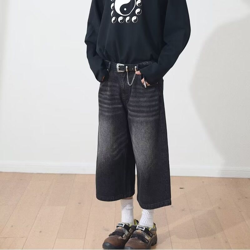 Amerikai stílusú vintage mosott kék capri nadrág férfi nyári körte alakú alak középmagas nadrág Ma Ji középmagas derekú farmernadrág lezser divatos