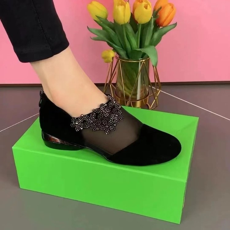 2024. aasta uue stiiliga Baotou vabaaja lillelise rhinestone`iga pluss-suuruses ümara peaga jäätunud naiste kingad, võrgust madala kontsaga, õõnsad lameda kontsaga kingad