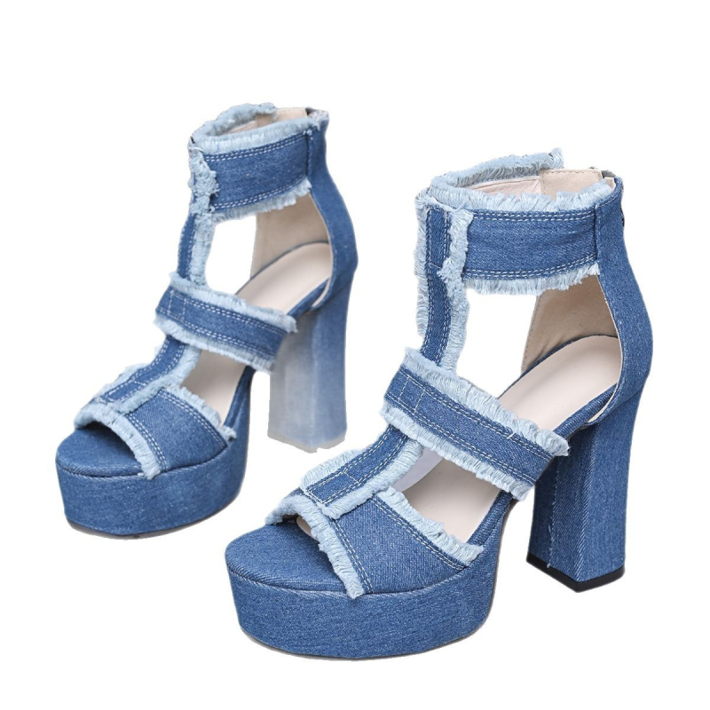 Külkereskedelmi plus size 2025 nyári új szexi vastag sarkú magas sarkú szandál farmer üreges cipzáras női szandál