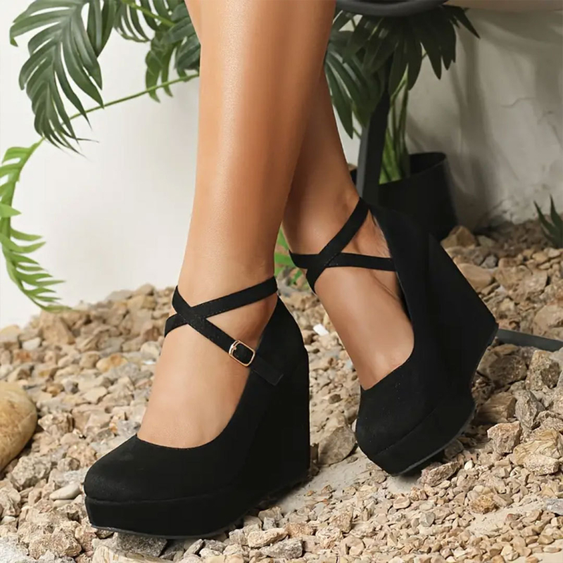 Pavasara un rudens jaunas ādas ķīļveida kurpes ar apaļu purngalu, biezu dibenu, ūdensnecaurlaidīgas platformas, krusteniskas siksnas, retro augstpapēžu profesionālas sieviešu kurpes
