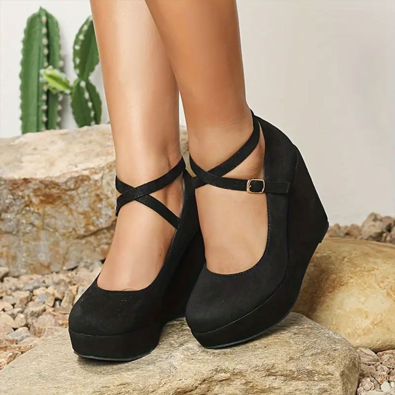 Pavasara un rudens jaunas ādas ķīļveida kurpes ar apaļu purngalu, biezu dibenu, ūdensnecaurlaidīgas platformas, krusteniskas siksnas, retro augstpapēžu profesionālas sieviešu kurpes