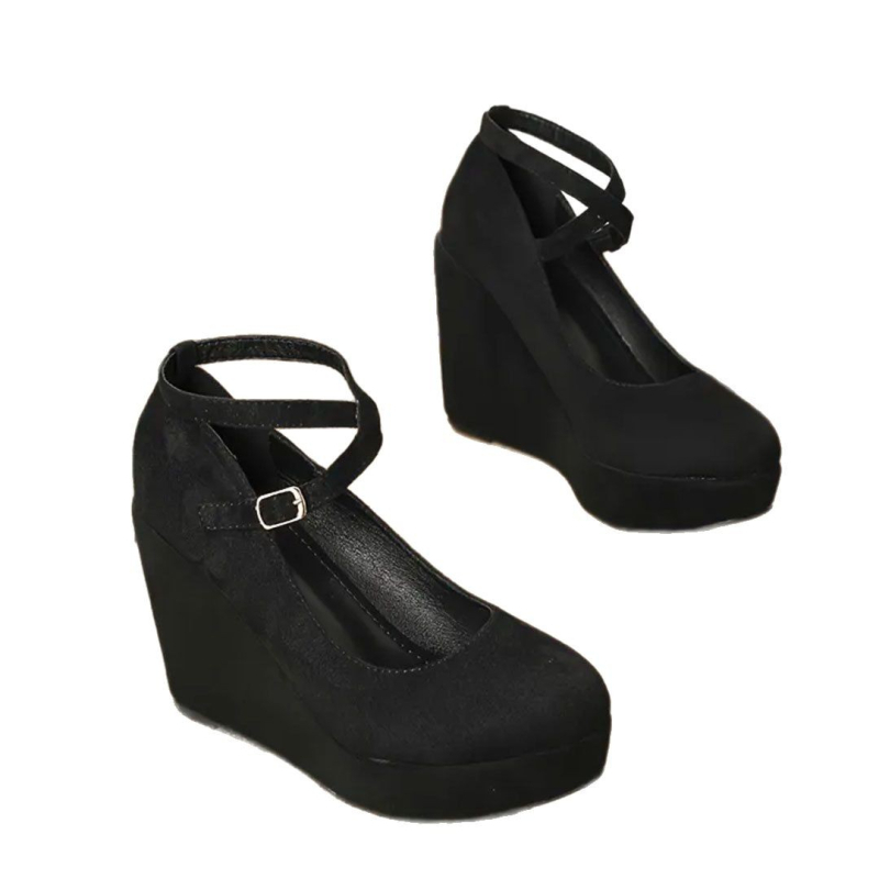 Pavasara un rudens jaunas ādas ķīļveida kurpes ar apaļu purngalu, biezu dibenu, ūdensnecaurlaidīgas platformas, krusteniskas siksnas, retro augstpapēžu profesionālas sieviešu kurpes