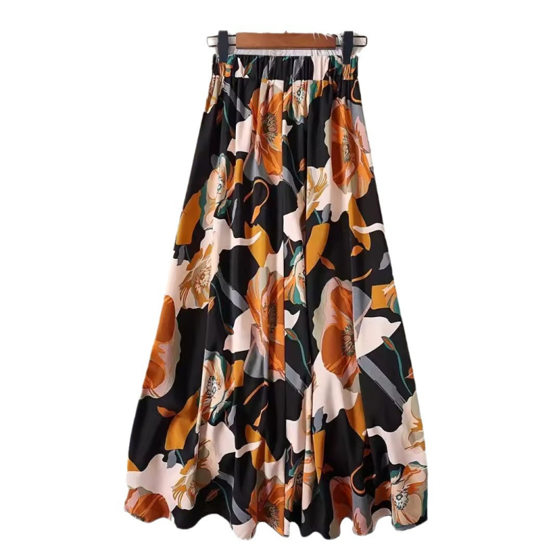 2024 új tavaszi és nyári enyhén átlátszó, rugalmas derékkal ellátott, nyomtatott hosszú szoknya, az ingázáshoz a legkönnyebben illeszkedő A-szegélyű szoknya, esernyőszoknya, női ruházat