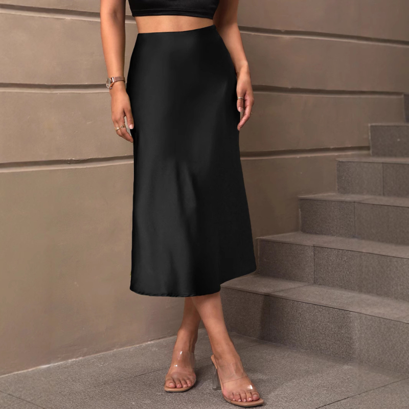 Határokon átnyúló külkereskedelmi európai és amerikai stílusú szatén szoknya 2025 tavasz és nyár Amazon elegáns stílusú poliészter középhosszú A-vonalú szoknya