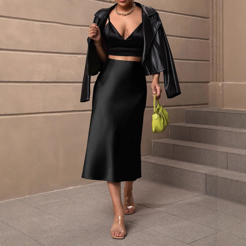 Határokon átnyúló külkereskedelmi európai és amerikai stílusú szatén szoknya 2025 tavasz és nyár Amazon elegáns stílusú poliészter középhosszú A-vonalú szoknya