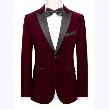 Мъжки бизнес сватбен костюм с катарама, цвят бордо и червено кадифено, с едно копче
