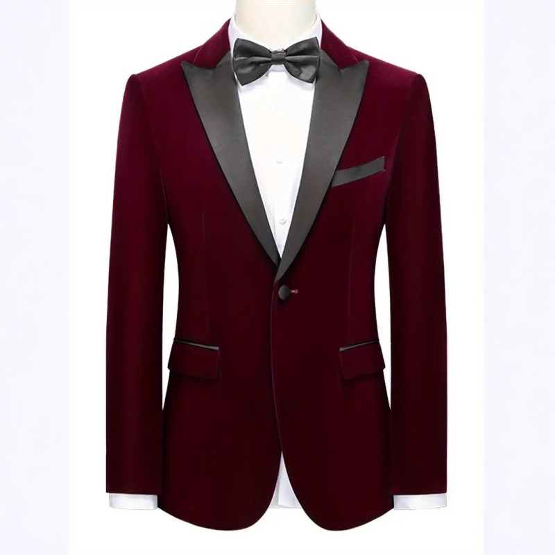 Vyriškas verslo stiliaus vestuvinis kostiumas su sagtimi, margintas aksominis vyno raudonumo raštas, su viena sagtimi.