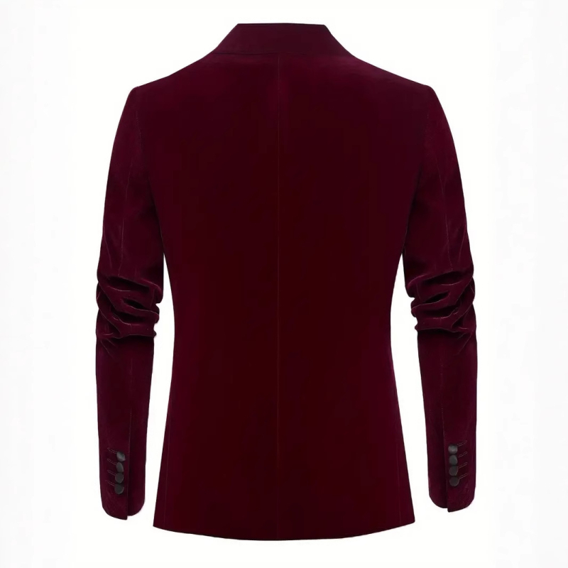 Vyriškas verslo stiliaus vestuvinis kostiumas su sagtimi, margintas aksominis vyno raudonumo raštas, su viena sagtimi.