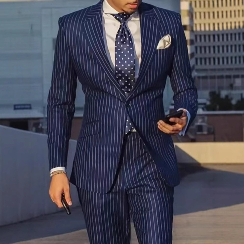 Amazon AliExpress Független Állomás Öltöny Férfi Kétrészes Sötétkék Csíkos Lapos Nyakú Öltöny, Slim