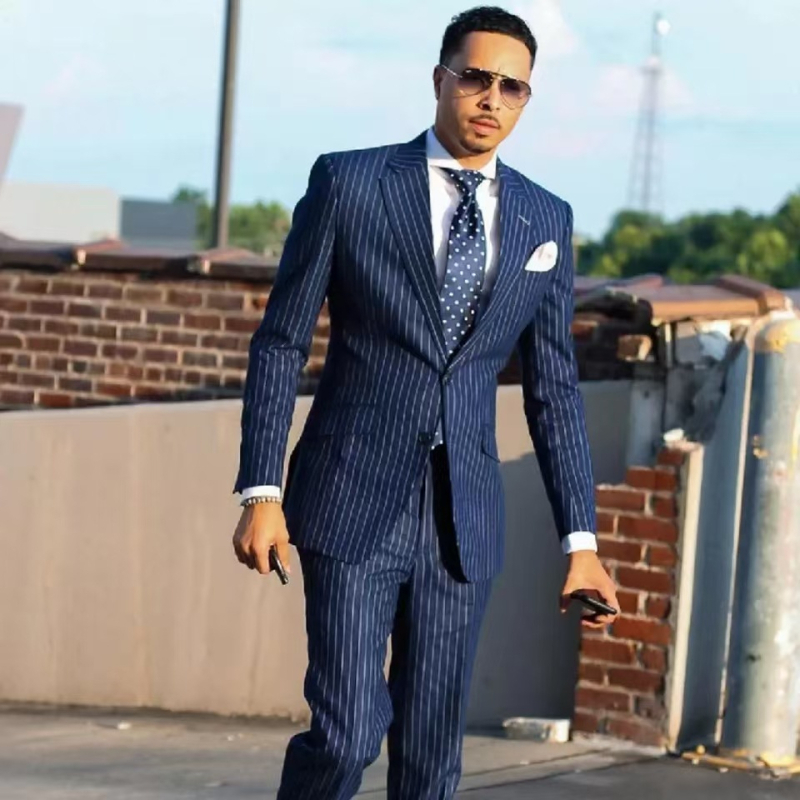 Amazon AliExpress Független Állomás Öltöny Férfi Kétrészes Sötétkék Csíkos Lapos Nyakú Öltöny, Slim