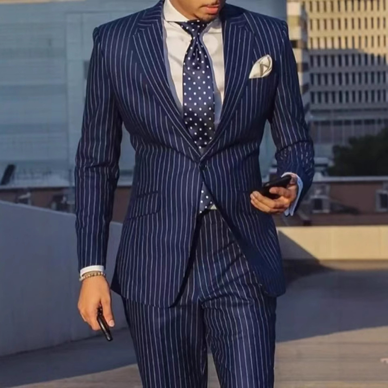 Amazon AliExpress Független Állomás Öltöny Férfi Kétrészes Sötétkék Csíkos Lapos Nyakú Öltöny, Slim