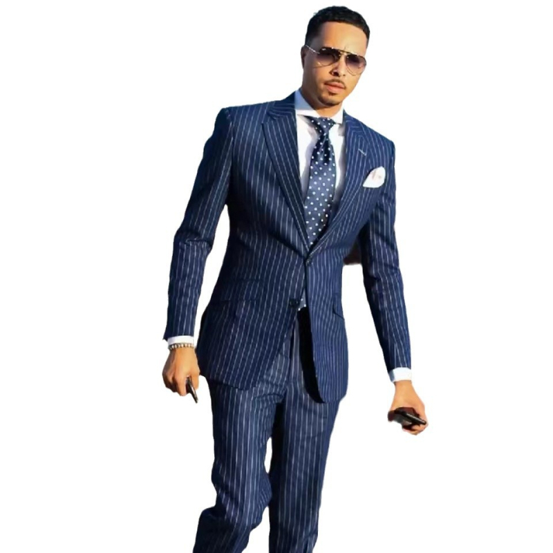 Amazon AliExpress Független Állomás Öltöny Férfi Kétrészes Sötétkék Csíkos Lapos Nyakú Öltöny, Slim