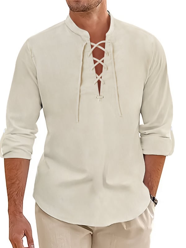 2024 Nou Tricou bărbătesc cu mânecă lungă din bumbac și in, cu piept deschis, cămașă POLO
