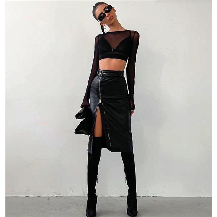 Csípőt takaró hasított félhosszú bőr szoknya gyári nagykereskedelem nyári szexi női szoknya Юбка