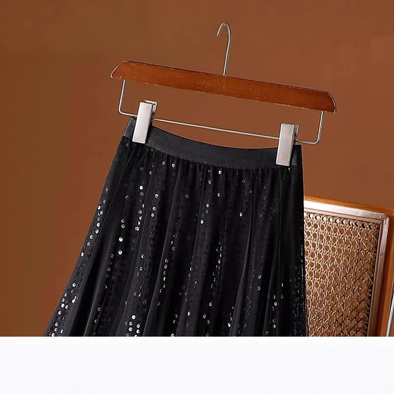 Kiárusítás: Női nyári A-vonalú midi szoknya drapériával, fekete rakott hálós esernyőszoknya, magas derekú, karcsúsító és elegáns érzetet nyújt.