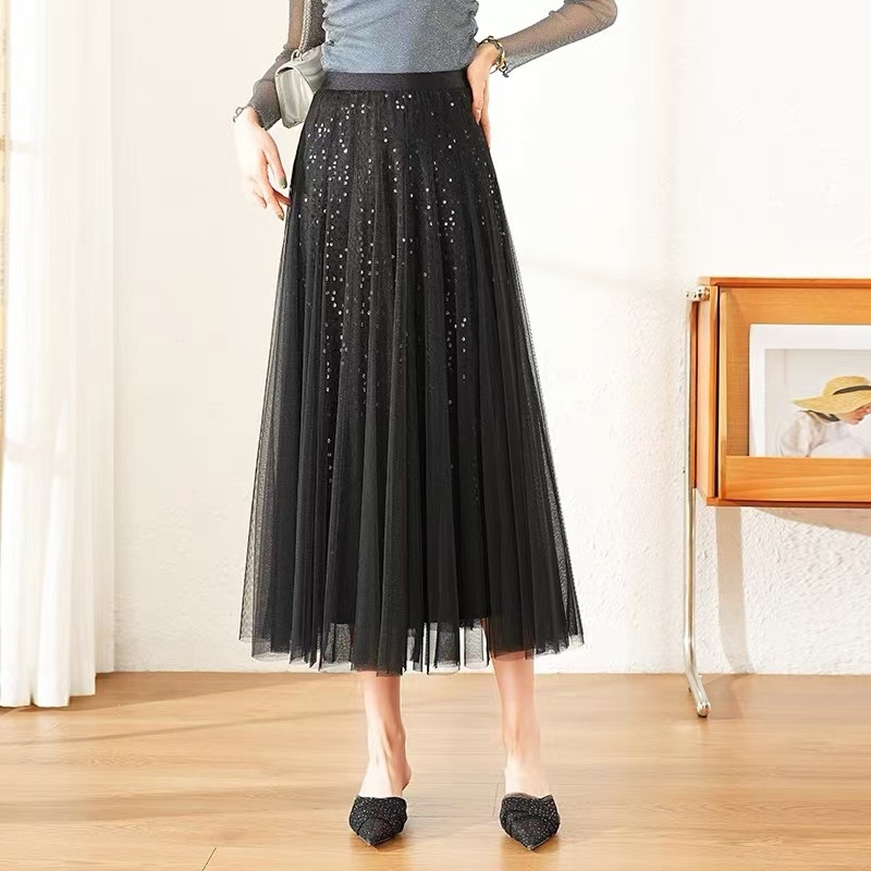 Kiárusítás: Női nyári A-vonalú midi szoknya drapériával, fekete rakott hálós esernyőszoknya, magas derekú, karcsúsító és elegáns érzetet nyújt.