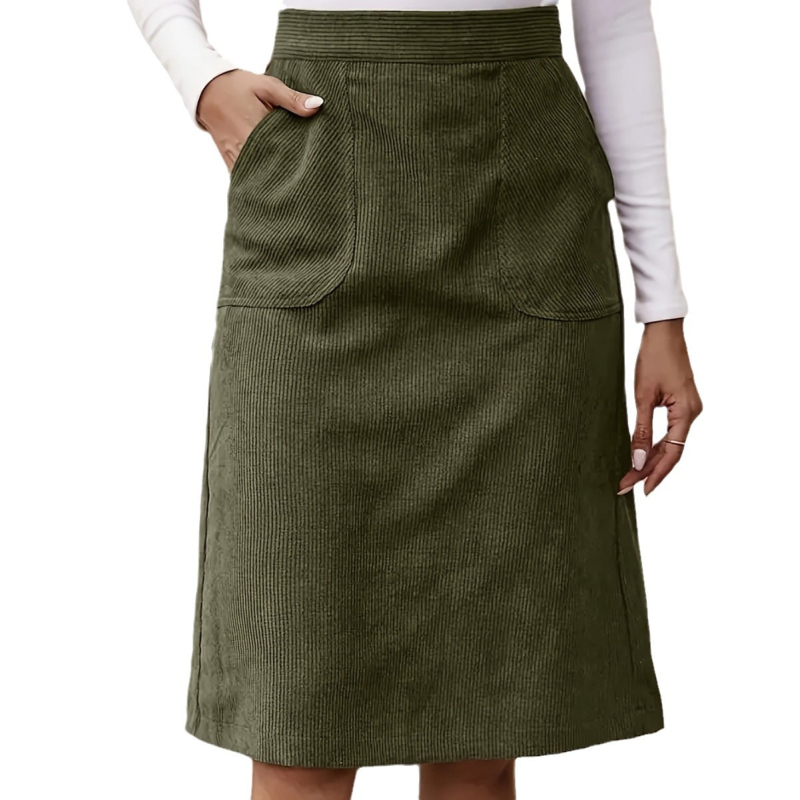 Tarptautinis „Amazon“ europietiškas ir amerikietiškas moteriškas vidutinio ilgio, plius dydžio elegantiškas sijonas su kišene ir užtrauktuku gale.