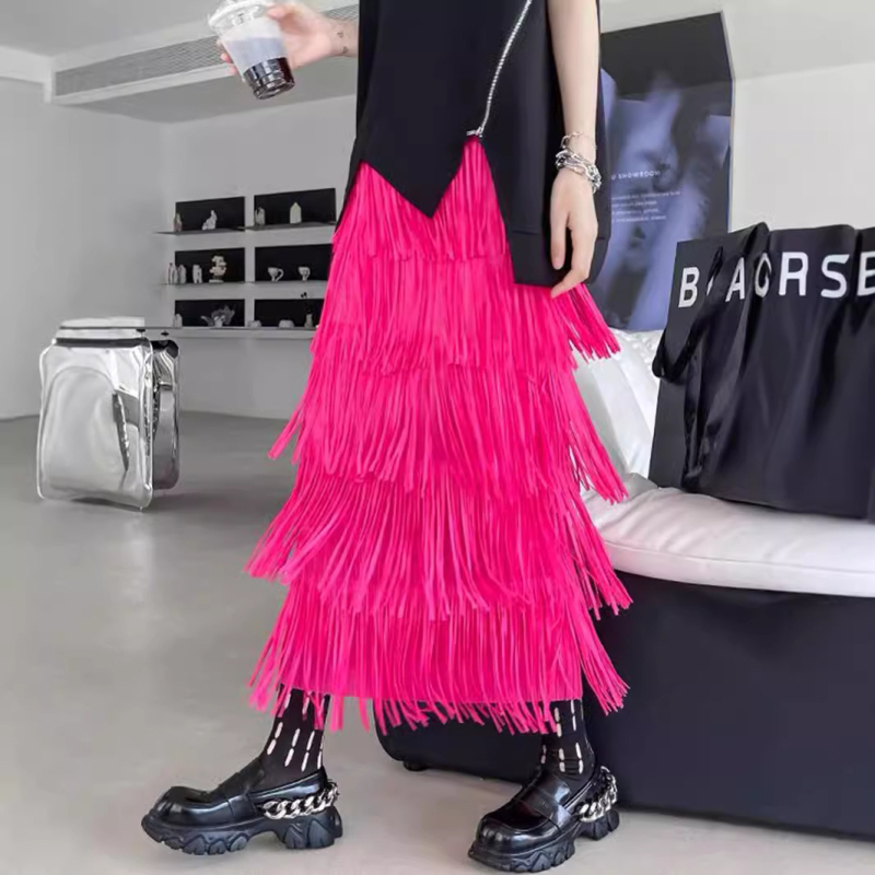 Női szoknya 2025 új stílusú hongkongi stílusú tiszta színű bojtos A-vonalú szoknya klasszikus retró stílusú középhosszú szoknya