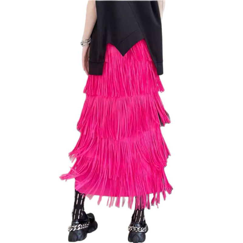 Női szoknya 2025 új stílusú hongkongi stílusú tiszta színű bojtos A-vonalú szoknya klasszikus retró stílusú középhosszú szoknya