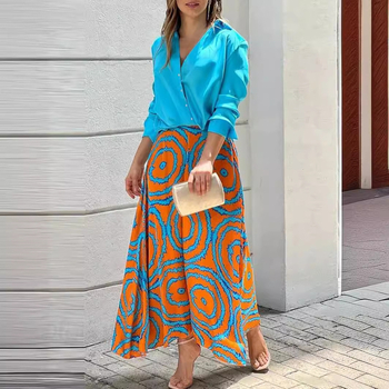 Лято 2024 г., европейски и американски дамски темперамент, V-образно деколте, едноцветно яке с дълъг ръкав, боядисана пола, ежедневен костюм - DKF319