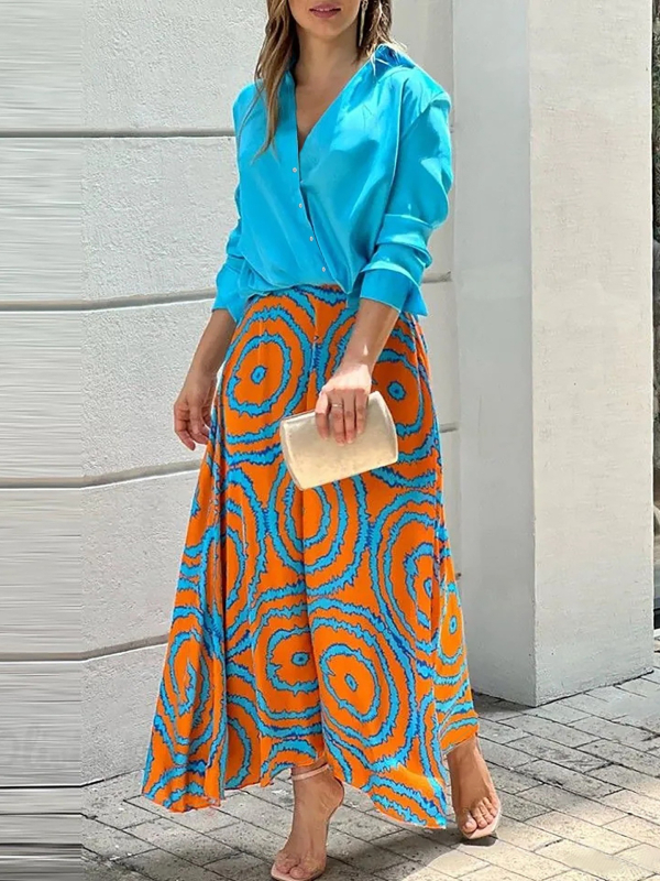 Лято 2024 г., европейски и американски дамски темперамент, V-образно деколте, едноцветно яке с дълъг ръкав, боядисана пола, ежедневен костюм - DKF319