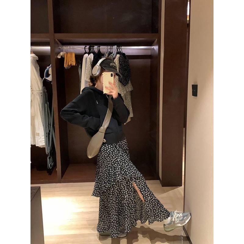 Wu 77 fodros dizájnú virágmintás női szoknya, sokoldalú, rugalmas, magas derekú hasítékkal, karcsúsító, középhosszú, A-vonalú szoknya