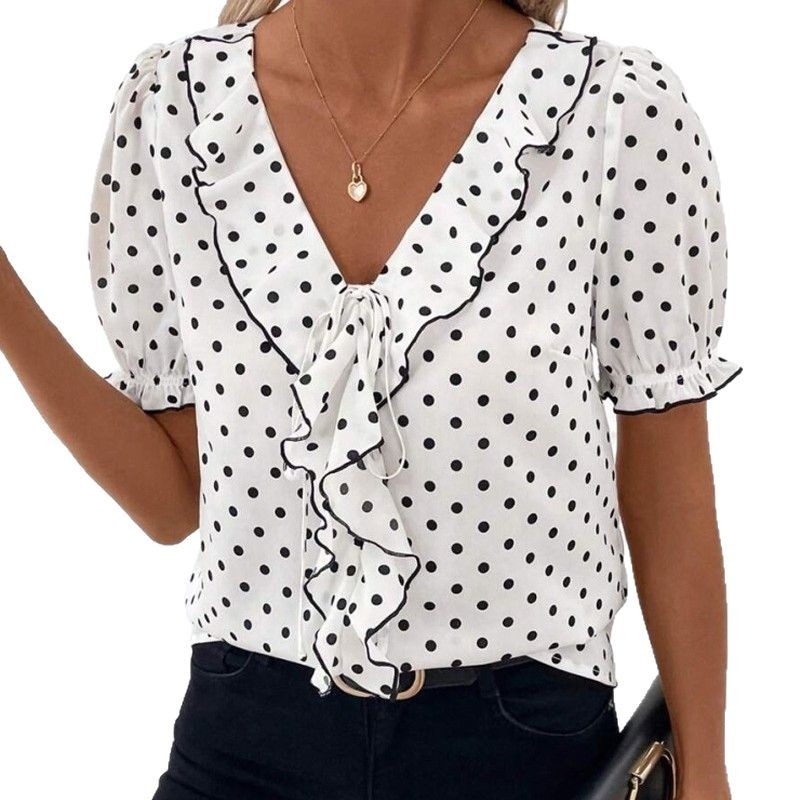 Užjūrio nauji marškinėliai su taškeliais ir kaspinu trumpomis rankovėmis