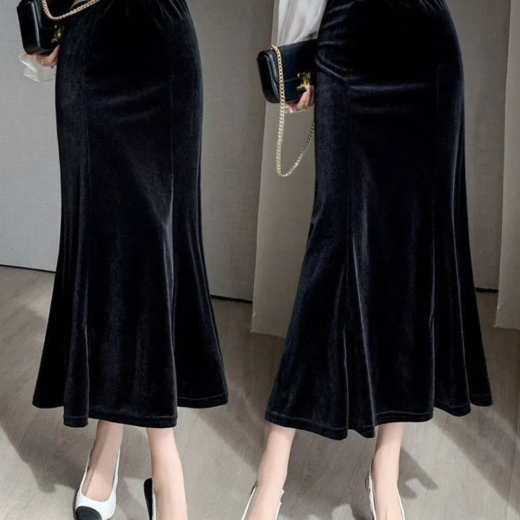 Téli arany bársony halfark szoknya női új koreai stílusú divatos drapézott csípőszoknya magas derekú karcsúsító szoknya