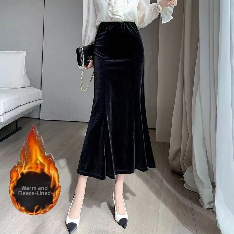 Téli arany bársony halfark szoknya női új koreai stílusú divatos drapézott csípőszoknya magas derekú karcsúsító szoknya