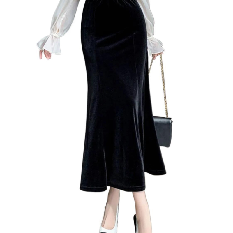 Téli arany bársony halfark szoknya női új koreai stílusú divatos drapézott csípőszoknya magas derekú karcsúsító szoknya