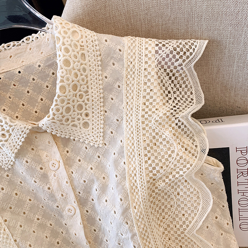 Francia üreges mintás póló galléros csipke női nyári új elegáns társasági stílus gyönyörű sikkes felső trendi