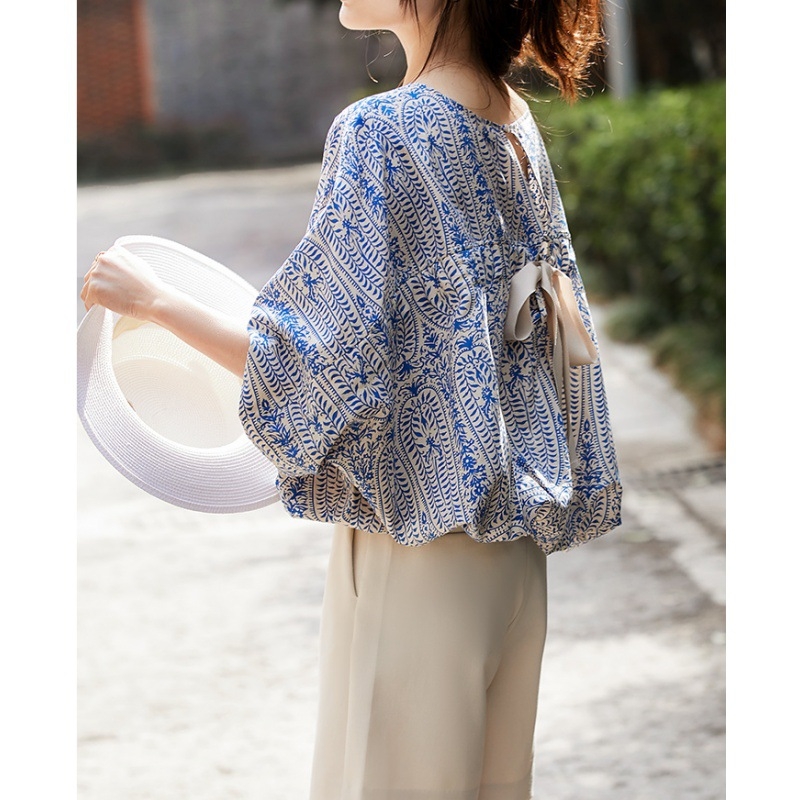 2024 nyári új, frissítő eperfa selyem pamut denevér ujjú masnis ing dizájn sikkes felső női