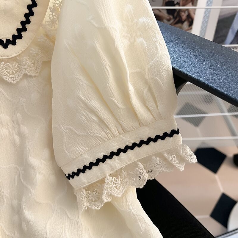 Pletena ženska bluza s kratkim rukavima, ljetni novi dizajn, smisao za mali javni šifon, slatki izvrstan francuski stil s mjehurićastim rukavima