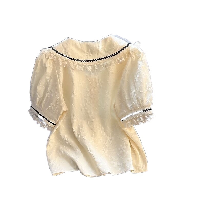 Pletena ženska bluza s kratkim rukavima, ljetni novi dizajn, smisao za mali javni šifon, slatki izvrstan francuski stil s mjehurićastim rukavima