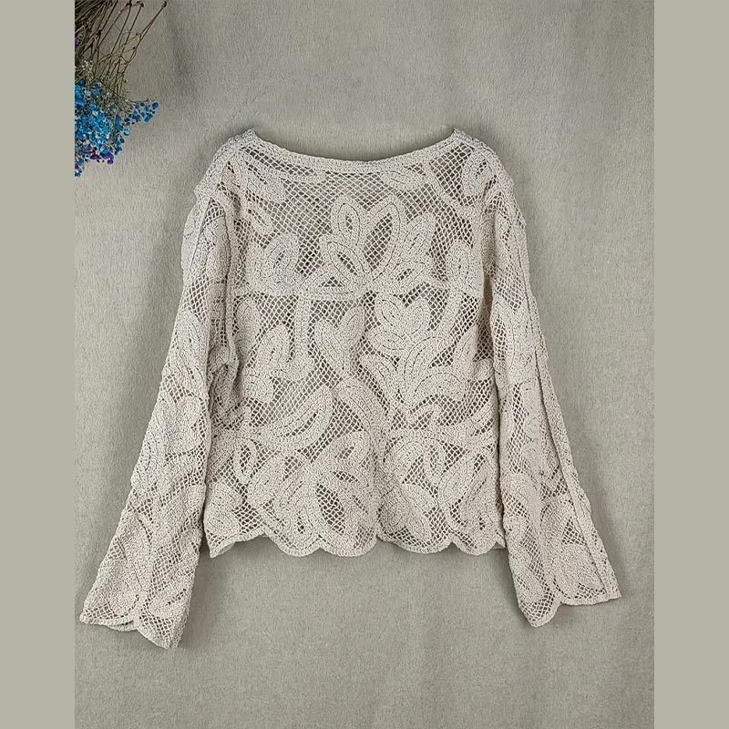 Európai és amerikai határokon átnyúló 2024-es divatos elegáns fehér csipke üreges ing vintage egysoros hosszú ujjú felső