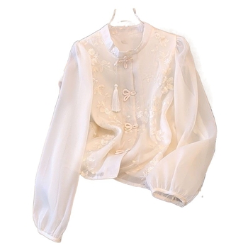 (48 valandų sandėlyje) Nauji kiniško stiliaus siuvinėti plokščių sagų laisvi ilgomis rankovėmis moteriški retro stiliaus sniego marškiniai su apykakle