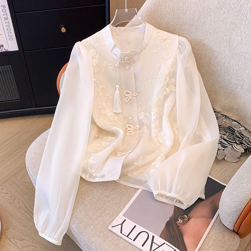 (Stoc 48 de ore) Nou stil chinezesc brodat cu nasturi cu plăci, lejer, mânecă lungă, lejer, guler înalt, retro, din material textil de zăpadă