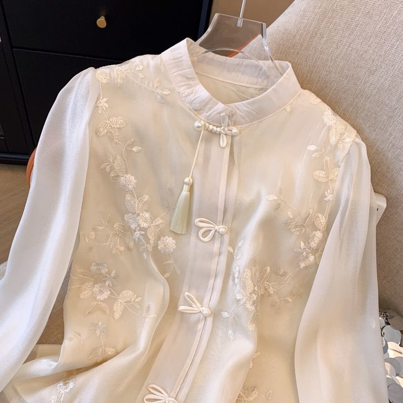 (48 valandų sandėlyje) Nauji kiniško stiliaus siuvinėti plokščių sagų laisvi ilgomis rankovėmis moteriški retro stiliaus sniego marškiniai su apykakle