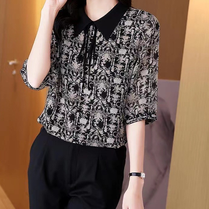 Vintage rever, šifonska košulja s pola rukava, ženska, novi dizajn, uska košulja s vezicama, prošivena, ženska