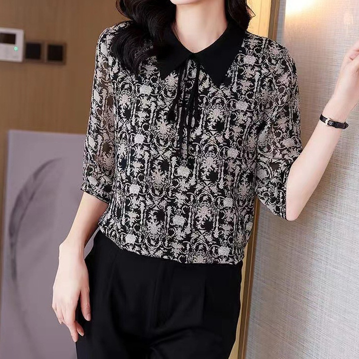 Vintage rever, šifonska košulja s pola rukava, ženska, novi dizajn, uska košulja s vezicama, prošivena, ženska