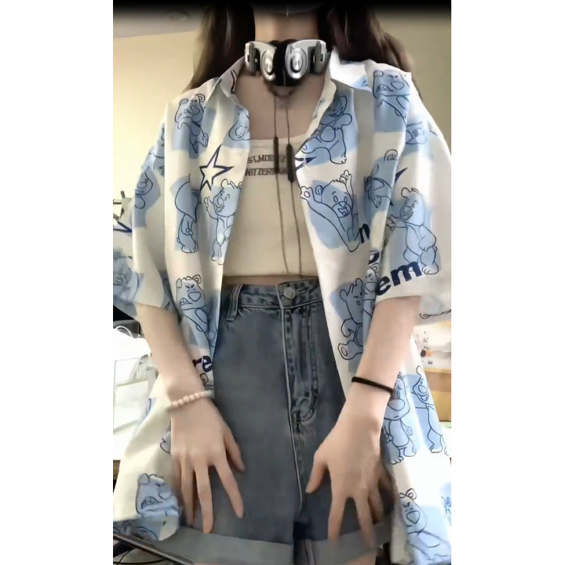 7095# (Eredeti szövet) Nyári, külföldi stílusú, niche hongkongi ízvilágú, sikkes, rövid ujjú női ing