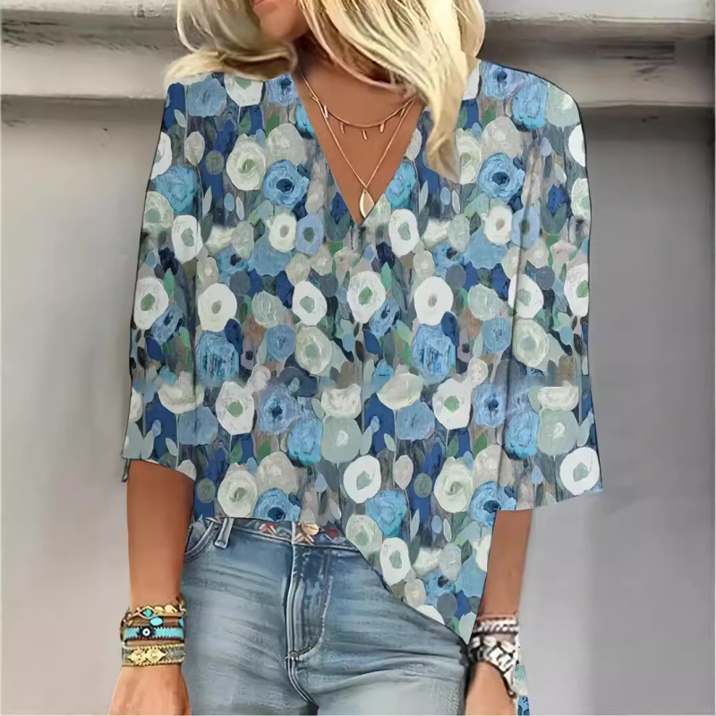 Népszerű, 3D digitális nyomtatású, közvetlen nagykereskedelemben kapható, női V-nyakú, Joker vállú, hétpontos ujjú, bő pulóver felső.