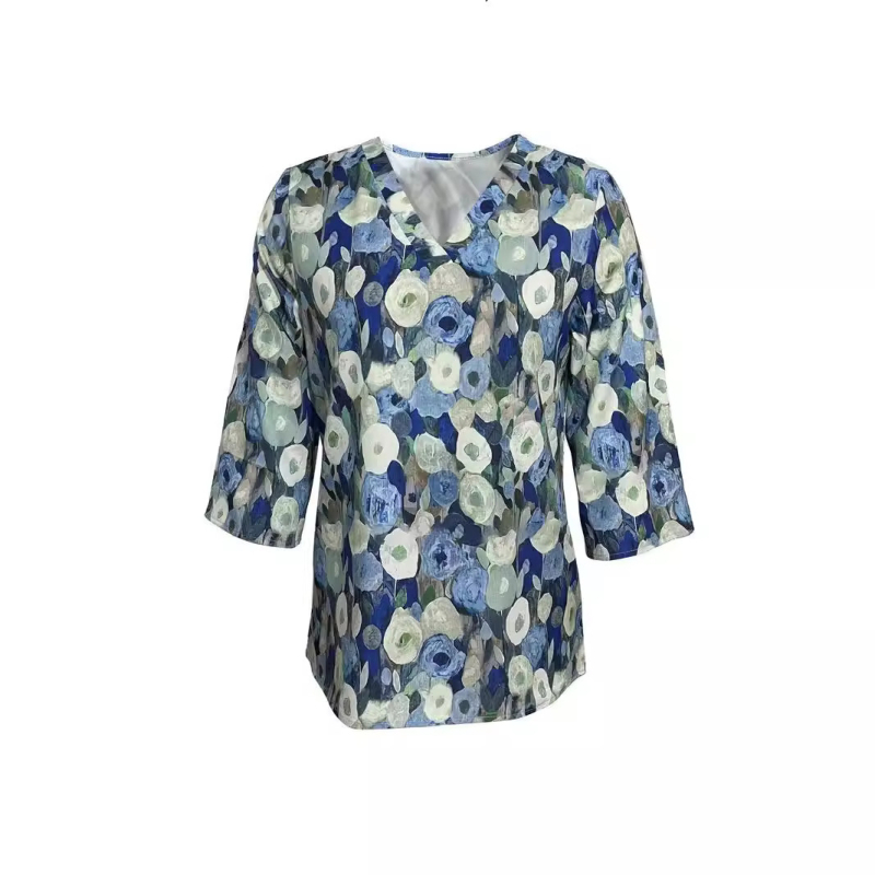 Népszerű, 3D digitális nyomtatású, közvetlen nagykereskedelemben kapható, női V-nyakú, Joker vállú, hétpontos ujjú, bő pulóver felső.