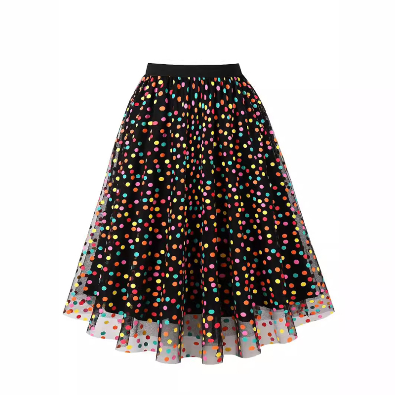 Hálós szoknya őszi színű, hullámos, pöttyös, A-vonalú szoknya, hosszú, rugalmas derekú, tündérszínű, háromrétegű esernyőszoknya, nagykereskedés