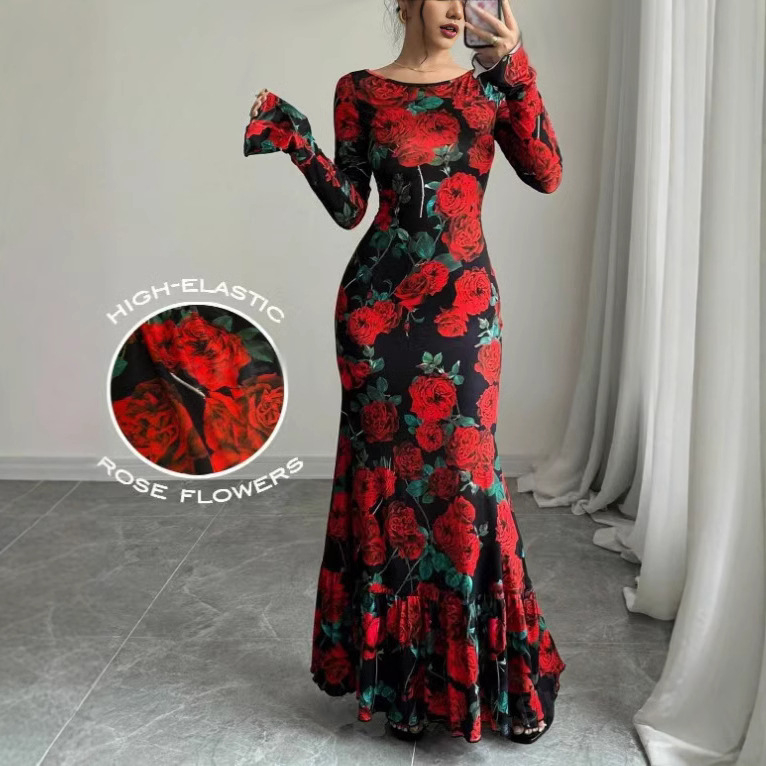 Európai, amerikai és ázsiai lóruha őszi új érkezéssel, rózsaszín virágmintás, középhosszú, karcsúsított, karcsúsított, mindenhez illő halfarkú ruha