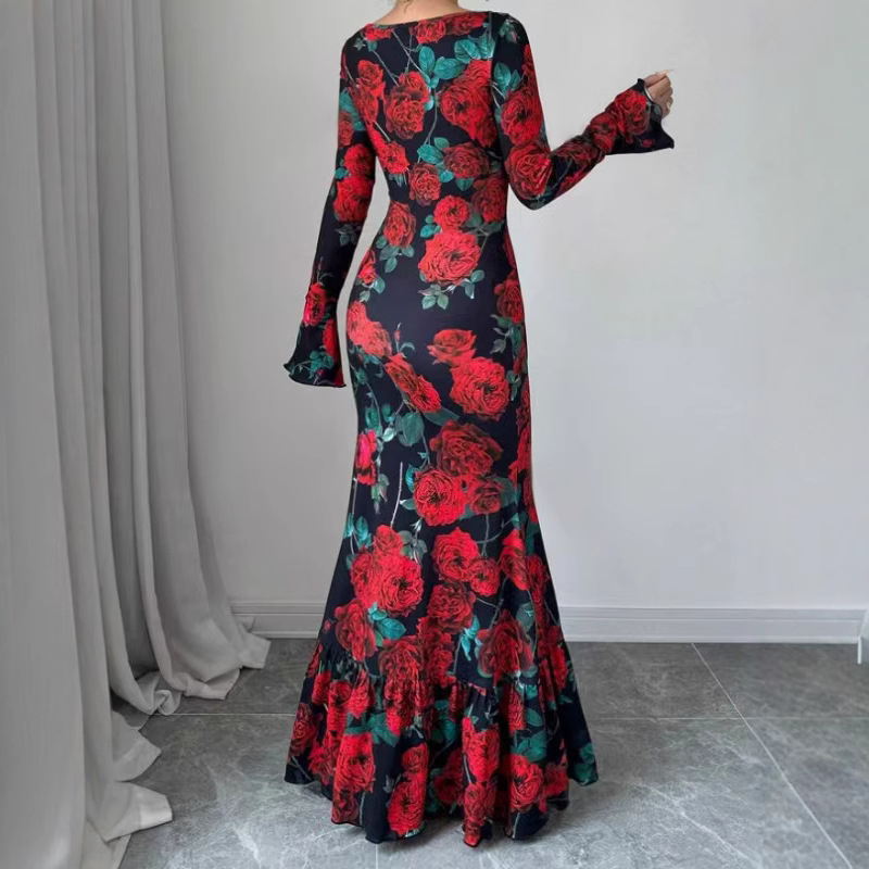 Európai, amerikai és ázsiai lóruha őszi új érkezéssel, rózsaszín virágmintás, középhosszú, karcsúsított, karcsúsított, mindenhez illő halfarkú ruha